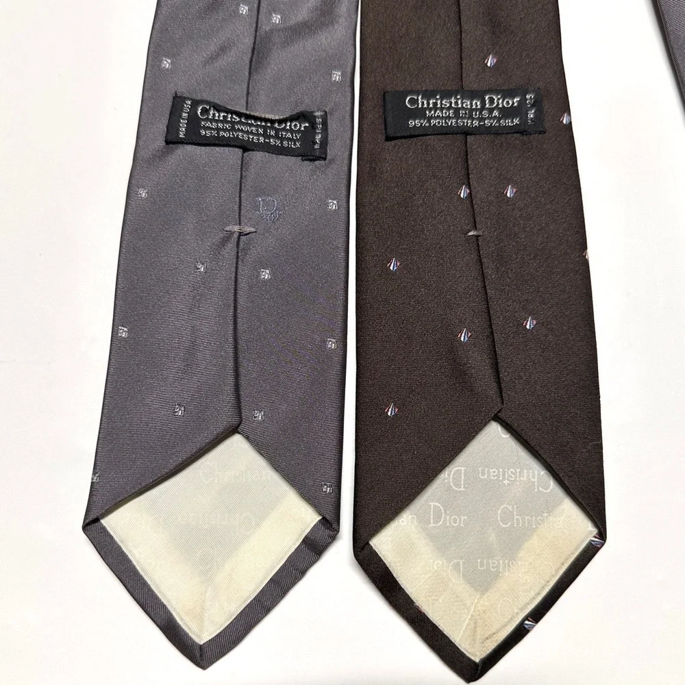 Vintage Christian Dior Necktie Mens Brown Gray Dot Lot of 2 Silk Blend Neckwear